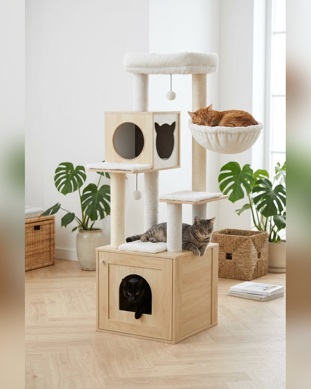arbre à chat avec meuble litière intégré 144 cm