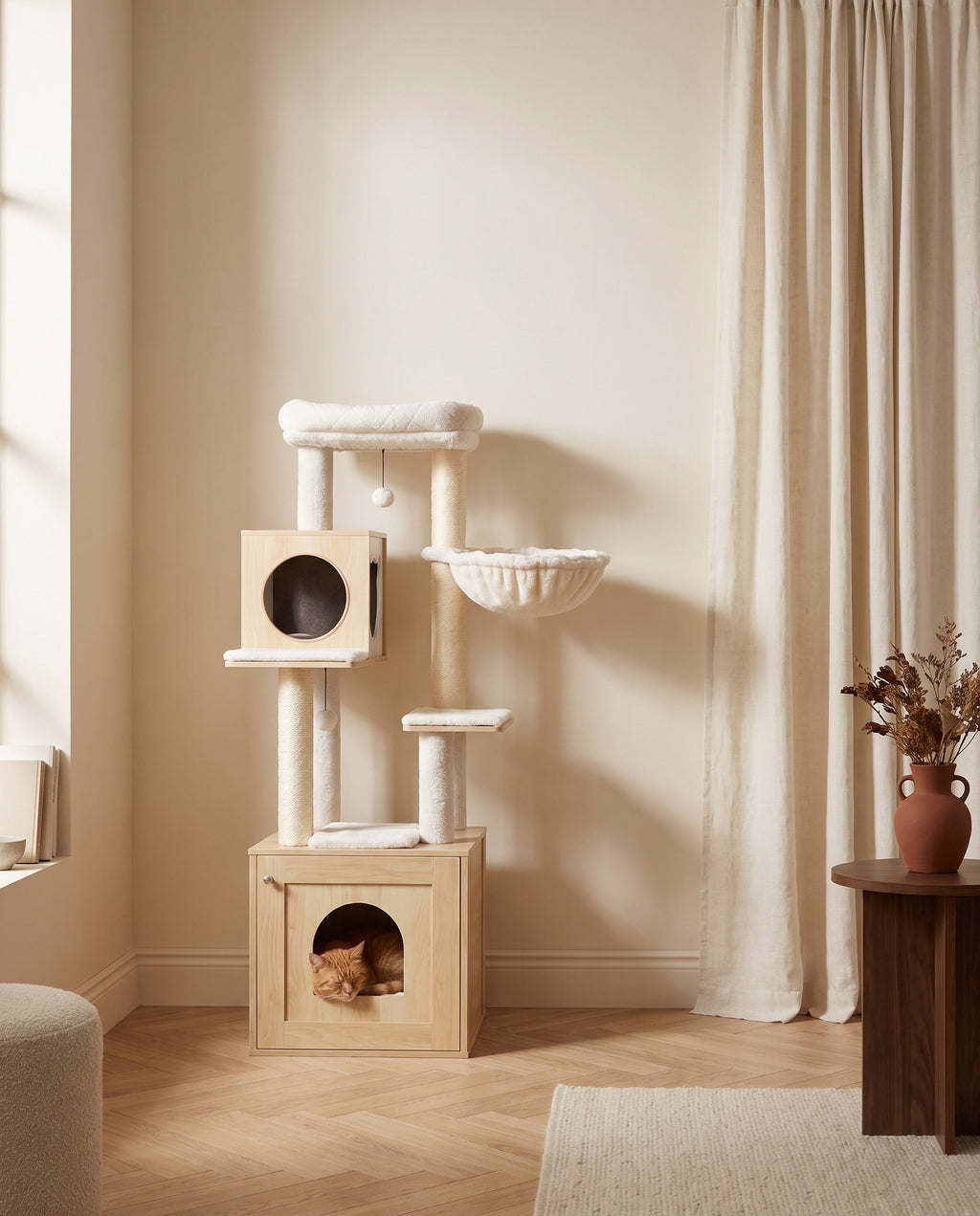 arbre à chat meuble à litière beige en situation