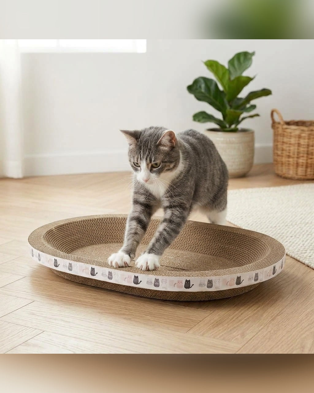 griffoir ovale en carton ondulé avec herbe-aux-chats