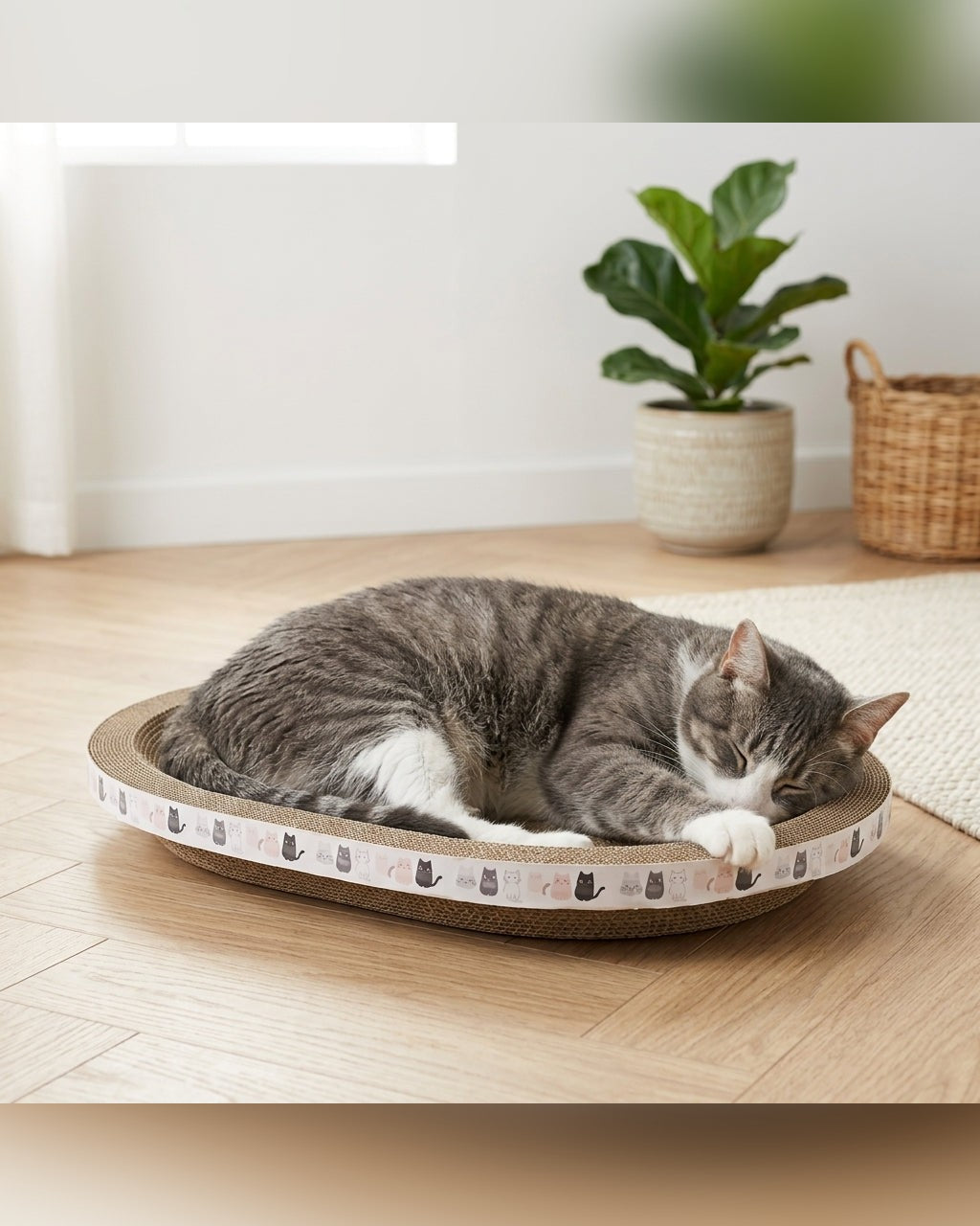 griffoir ovale en carton ondulé avec herbe-aux-chats