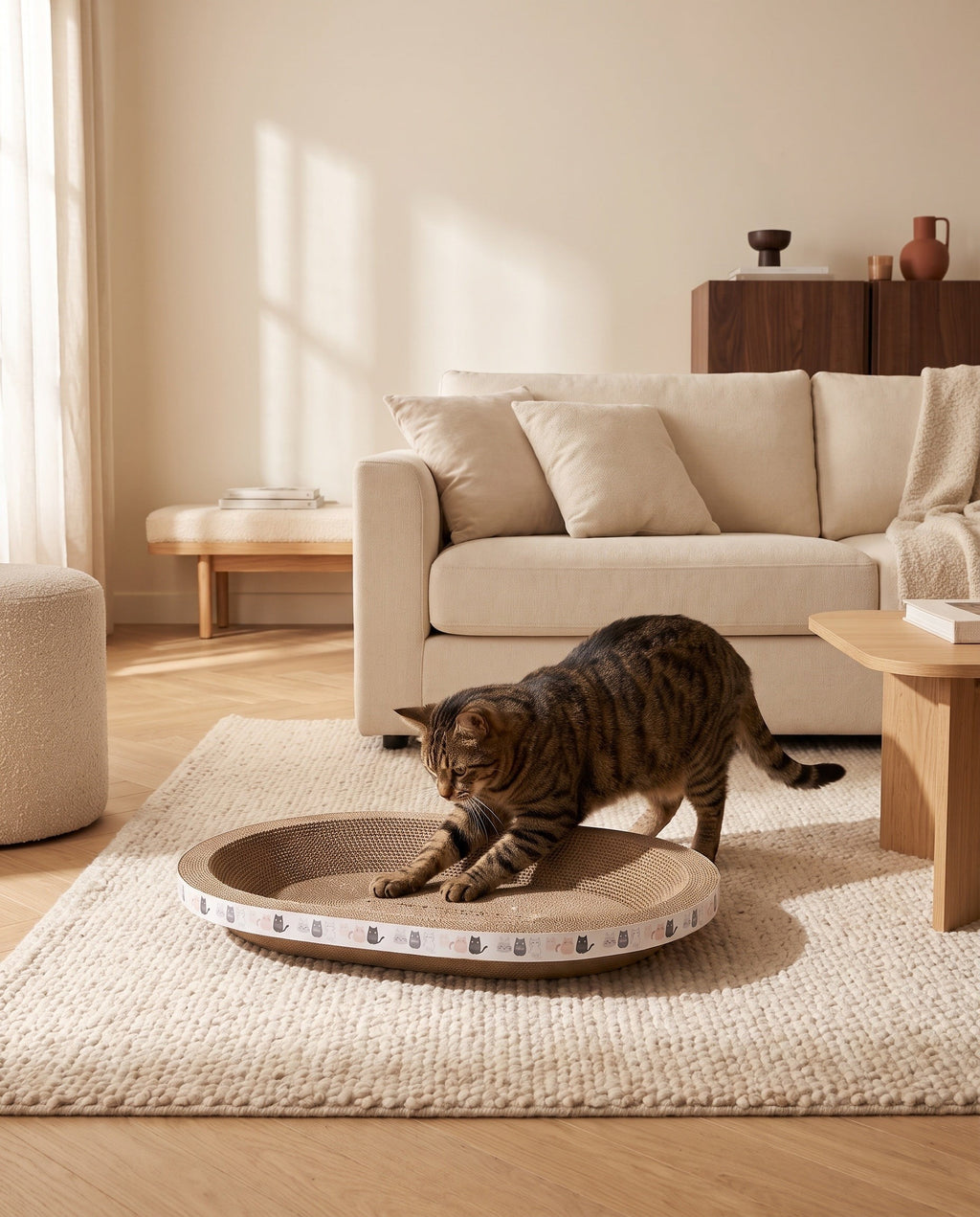 griffoir ovale en carton utilisé par un chat