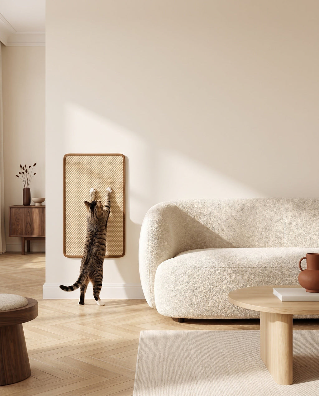 tapis griffoir mural en sisal dans un salon