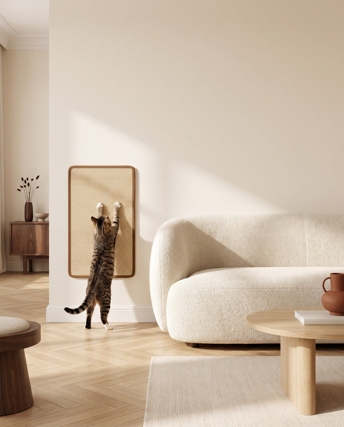 tapis griffoir mural en sisal dans un salon